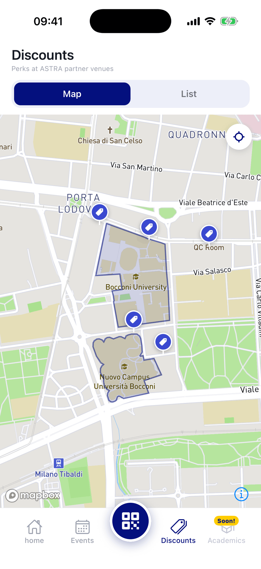 ASTRA app: map of partner venues offering student discounts