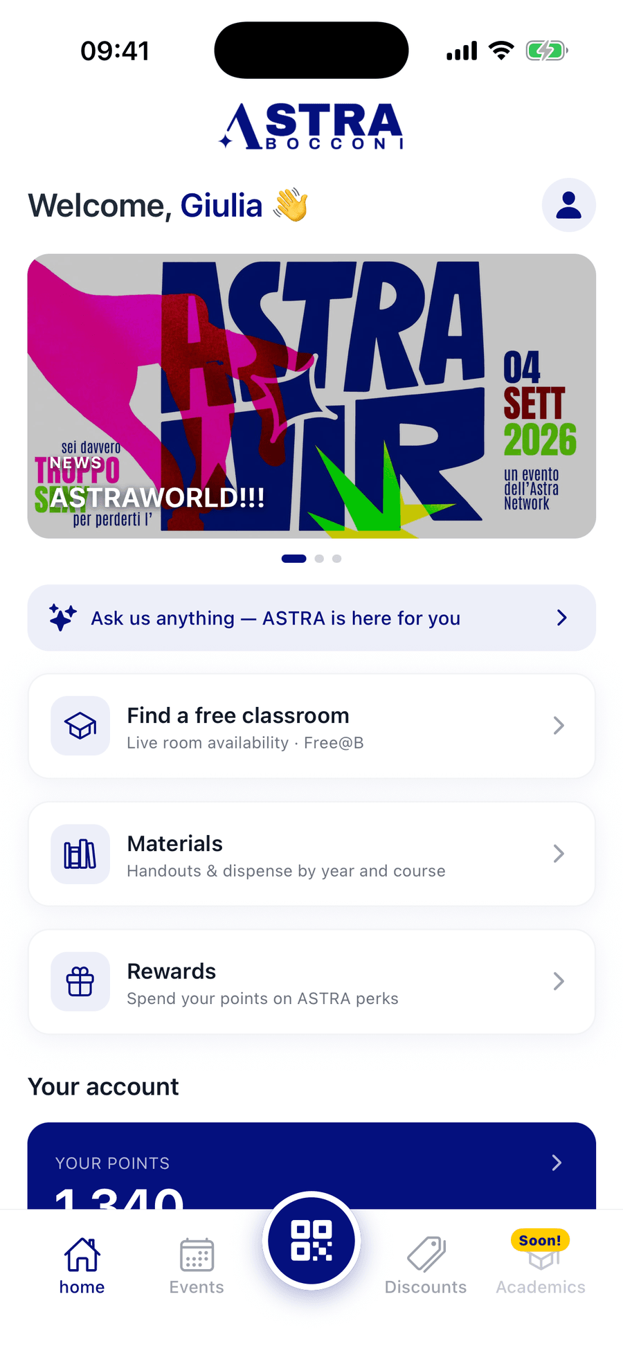 ASTRA app: home screen with points, news and shortcuts
